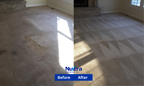 Before and After Carpet Cleaning from aging by NuEra Restoration and Remodeling
