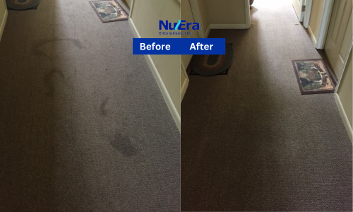 Before and After Carpet Cleaning from foot print by NuEra Restoration and Remodeling