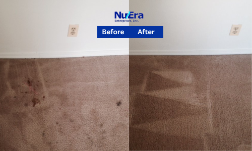 Before and After Carpet Cleaning from spill by NuEra Restoration and-Remodeling
