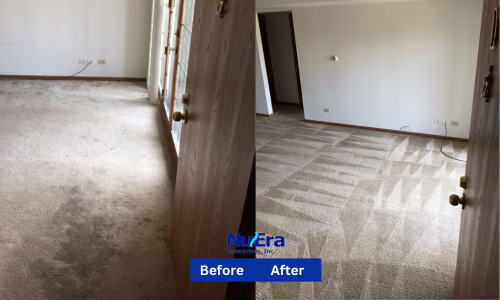 Before and After Carpet Cleaning from water stain by NuEra Restoration and Remodeling