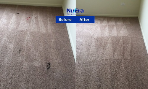 Before and After Carpet Floor Cleaning from color stains by NuEra Restoration and Remodeling