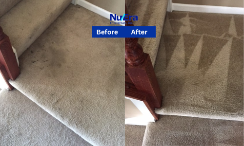 Before and After Carpet Stair Cleaning from dirt stains by NuEra Restoration and Remodeling