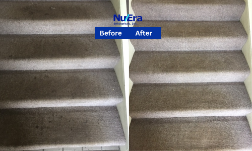 Before and After Carpet Stair Cleaning from foot print by NuEra Restoration and Remodeling